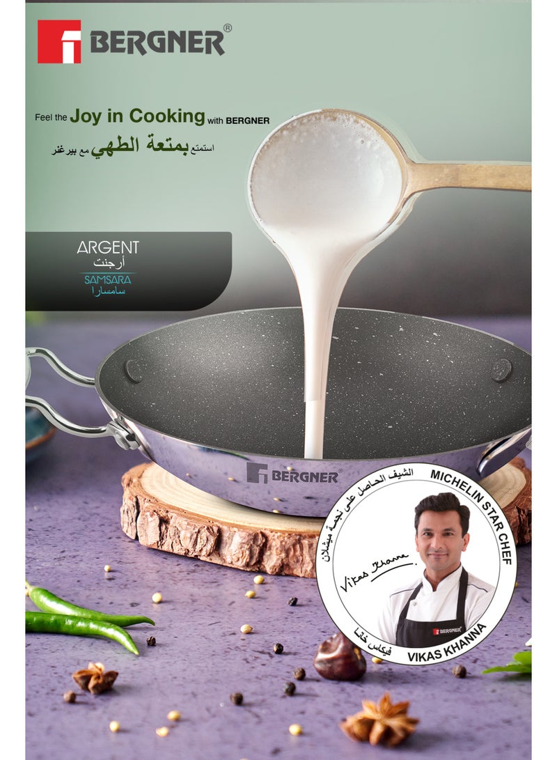 Bergner Argent Samsara 21cm Tri-Ply Stainless Steel Appam Pan with Glass Lid, Non-Stick Appachetty / Chetty Pan, Quantanium Coating, Less Oil Healthy Cooking, Even Heating, Gas & Induction Compatible - Image 4